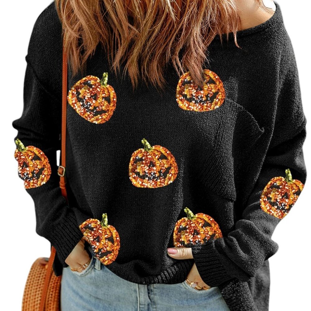 Black Sweater with Orange Sequin Pumpkins Long Sleeve